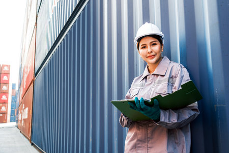 Attractive Thai woman industrial engineer in white hard hat, safety vest with a blurred container...
