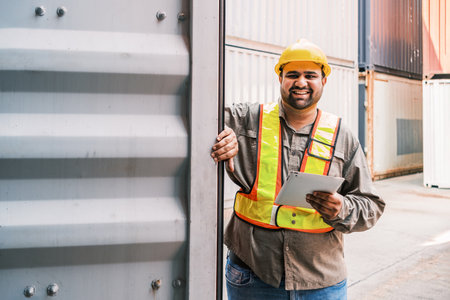A smiling worker in safety gear stands by a shipping container, holding a clipboard, showcasing a...