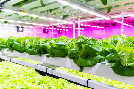 A modern indoor garden featuring vertically arranged plants illuminated by ultraviolet vibrant LED...