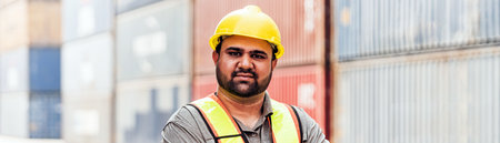 A confident Indian worker stands with crossed arms in front of shipping containers, wearing a hard...