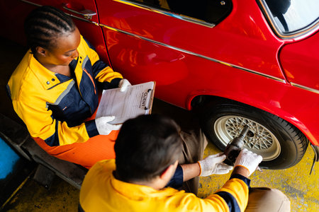 Two mechanics inspect a vintage red car, one reviewing a checklist while the other checks the tire, showcasing teamwork in automotive maintenance. Automobile repairing service. Vehicle maintenanceの写真素材