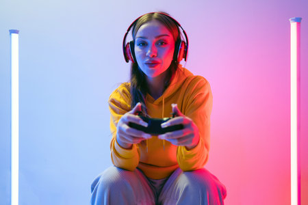 A young woman in a yellow hoodie and headphones plays video games, surrounded by colorful lights, showcasing a vibrant gaming atmosphere with fun, focus, surprise with blue and red neon light.の写真素材