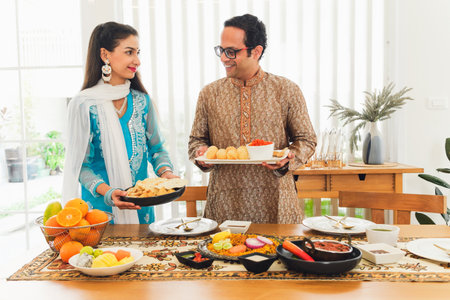 An Indian family in traditional outfits, father and daughter share a joyful moment while presenting traditional dishes at a beautifully arranged dining table. Indian family eating together concept.の写真素材