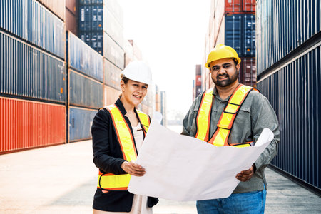Two industrial workers in safety gear review blueprints at a shipping container yard. Scene...