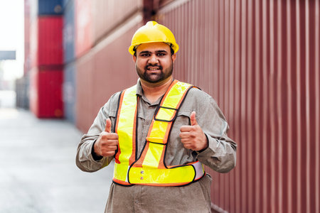 A confident Indian male worker in a safety vest and hard hat gives a thumbs-up at a shipping...