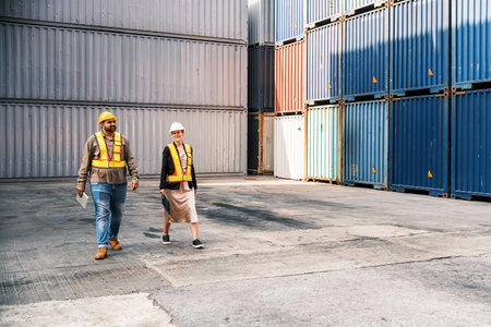 Two logistics professionals wearing safety vests and helmets walk through a shipping container yard,...