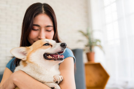 A young Asian woman embraces her happy Corgi dog indoors, expressing love, warmth, and companionship. The dog's joyful expression highlights the deep emotional bond between pets and owners.の写真素材