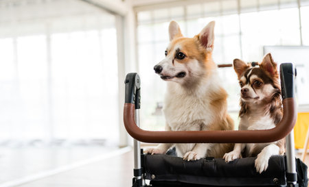 Two rescued dogs, a corgi and a chihuahua, sit in a pet stroller, symbolizing pet adoption, care,...