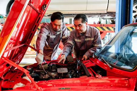 Two skilled auto mechanics examining a red car engine inside a professional garage workshop,...