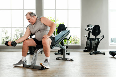 Man lifting dumbbell in gym, focused on weight training to burn fat and improve health. Promotes...