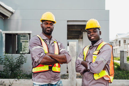 Two confident construction workers pose with arms crossed at a building site, showcasing teamwork,...