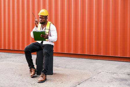 Logistics supervisor wearing safety gear and hard hat uses walkie-talkie while reviewing documents in front of a shipping container, representing global trade, freight control, and export logistics.の写真素材