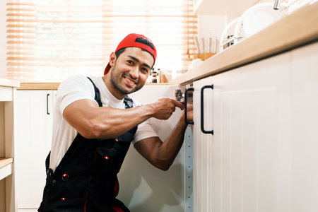 Smiling handyman fixing kitchen cabinet hinges, representing reliable home repair services, maintenance professionalism, and skilled craftsmanship in residential plumbing and handyman business.の写真素材