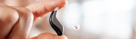 Macro shot of a senior woman's fingers holding a modern hearing aid, highlighting assistive tech,...