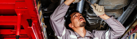 Auto mechanic in gray uniform tightening components under a raised car in a repair shop, performing hands-on maintenance with a wrench during routine vehicle inspection and mechanical servicing.の写真素材