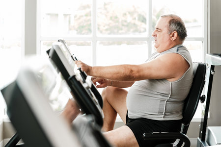 Overweight senior man working out on a stationary bike at the gym, promoting wellness and a healthy lifestyle. Fitness, determination, and aging well through regular exercise and self-care.の写真素材