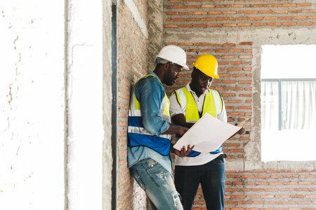 Two construction workers in safety vests and helmets review blueprints at a building site,...