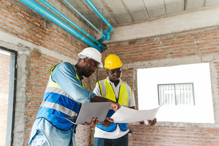 Two construction workers in hard hats and reflective vests examine blueprints and use a laptop at a building site, discussing structural planning and layout in an unfinished brick-walled room.の写真素材