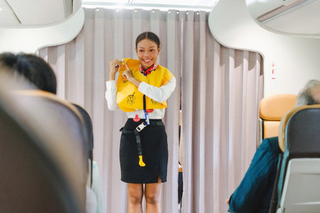 Flight attendant demonstrating life vest safety procedure during in-flight safety briefing. Highlights airline safety standards, passenger awareness, and cabin crew professionalism onboard.の写真素材