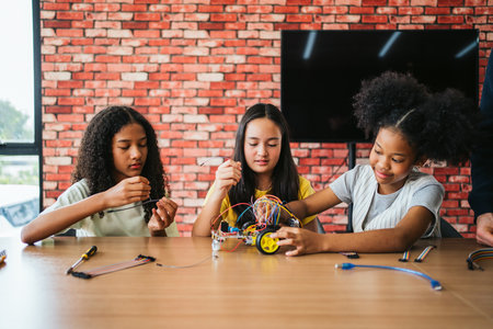 Three diverse schoolgirls building a robotic car with wires in a classroom. Engaging in STEM learning, teamwork, and coding activities. Hands-on education encourages creativity and innovation.の写真素材