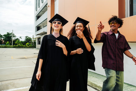 Three joyful young graduates share laughter and excitement after their graduation ceremony. Dressed in caps and gowns, they celebrate success and friendship in a fun, carefree moment outdoors.の写真素材