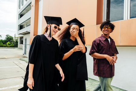 Two young women in graduation gowns and a casually dressed friend walk outside, laughing joyfully. A candid moment of celebration, pride, and shared happiness at the end of an academic journey.の写真素材