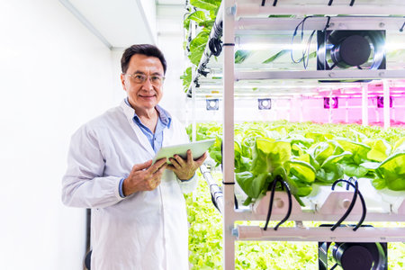 Engineer in a high-tech indoor vertical farm using a tablet to monitor hydroponic lettuce growth. Smart agriculture innovation for efficient, sustainable food production in modern urban settings.の写真素材