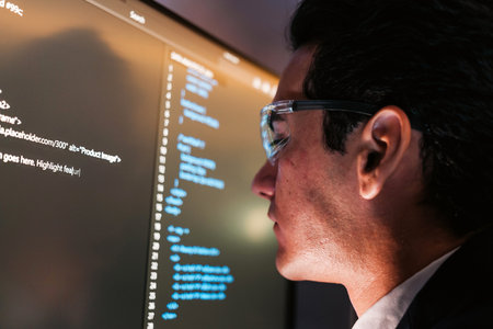 Close-up of developer in glasses viewing code on glowing monitor in dark office. Reflected data...