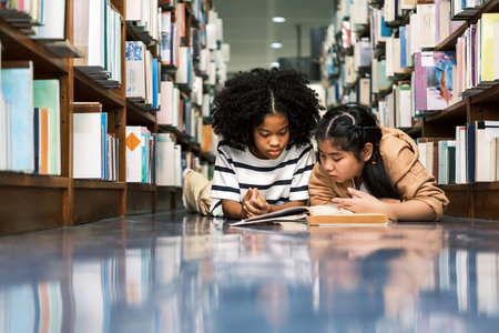 Two diverse children sit on the floor between bookshelves in a library, reading and sharing a book....