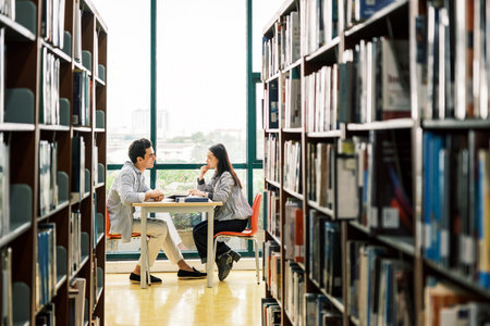 Two students collaborate at a table between library shelves, reviewing notes in a bright, quiet...