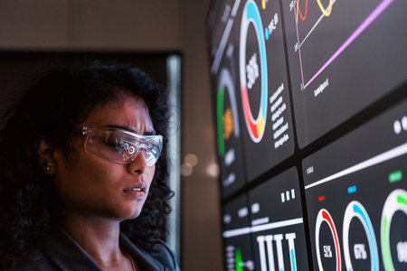 A focused professional wearing safety glasses analyzes colorful data dashboards on large screens,...