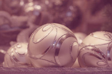 Christmas tree on the wooden box. Selective focus. Macro vintage viewの写真素材