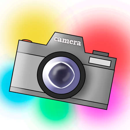 Hanging reflex camera on color backgroundの写真素材