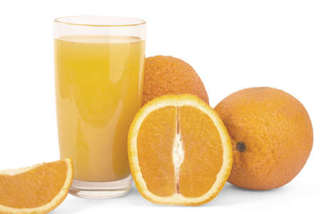 isolated drink. Glass of orange juice and slices of orange fruit isolated on white backgroundの写真素材