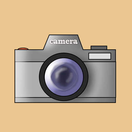 Retro analog film camera With lens on yellow backgroundの写真素材