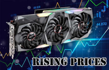 Video card, graphics processor with energy efficiency chart, 3D rendering against the background of a price growth chartの写真素材