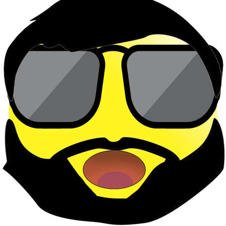 Yellow emoticon in sunglasses with a beard, open mouth isolate on white backgroundの写真素材