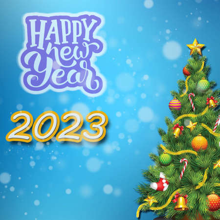 2023 New Year card template with golden 3d numbers and pine branches on light blue background