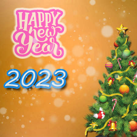 2023 and a Christmas tree on an orange background. idea concept. illustrationの写真素材