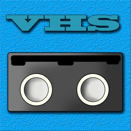 Bright and colorful 1990s retro synth wave themed old black video cassette illustration with blue backgroundの写真素材