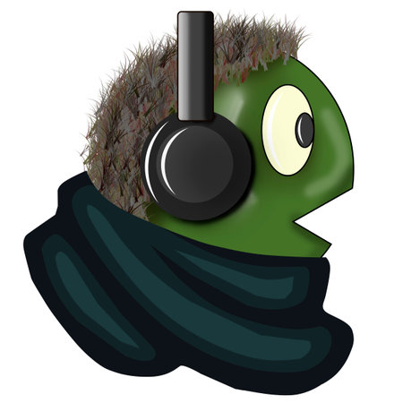 Illustration of a green alien wearing a black scarf and listening to music with headphonesの写真素材