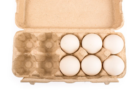 six 6 eggs in a cardboard tray for ten 10 eggs isolateの写真素材