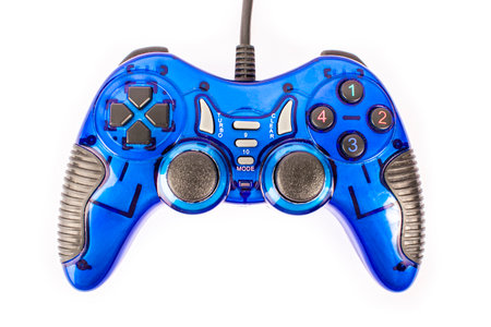 the isolated of the blue joystick for controller and play video game on white background