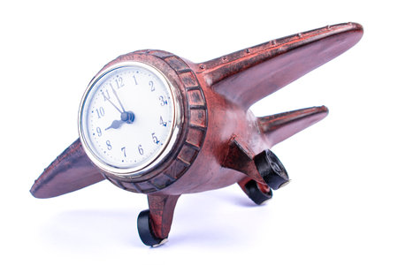 wooden clock, travel ideas isolate on white backgroundの写真素材