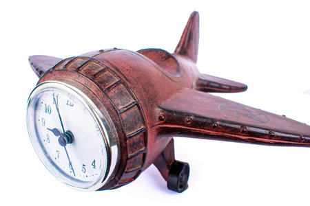 wooden clock, travel ideas isolate on white backgroundの写真素材