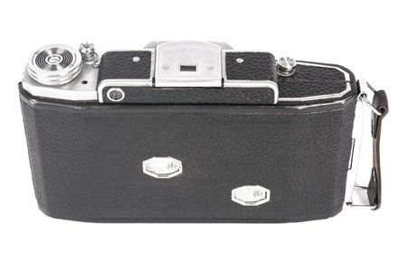 Old, antique pocket camera. The black camera is covered with a black leather handle. Front view on a white background model of the ussr cameraの写真素材