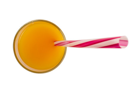 Orange juice in fast food closed cup with tube isolated on whiteの写真素材