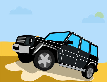 Black SUV, mountains and desert. For your design, vector illustration.のイラスト素材