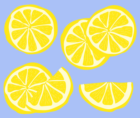 Vector pattern with yellow lemons cut into slices on a blue background in a flat style.のイラスト素材