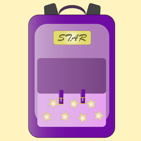 Backpack purple with inscription star in yellow color, luggage or school bag, vector flat icon.のイラスト素材
